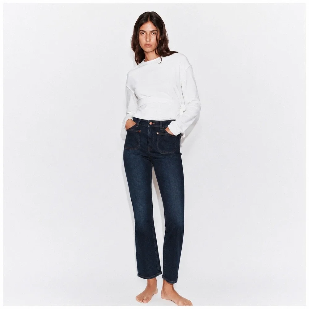 Zara Womens Jean Size 4 Mini Flare High Rise‎ Patch Pockets Dark Wash Ankle NWT